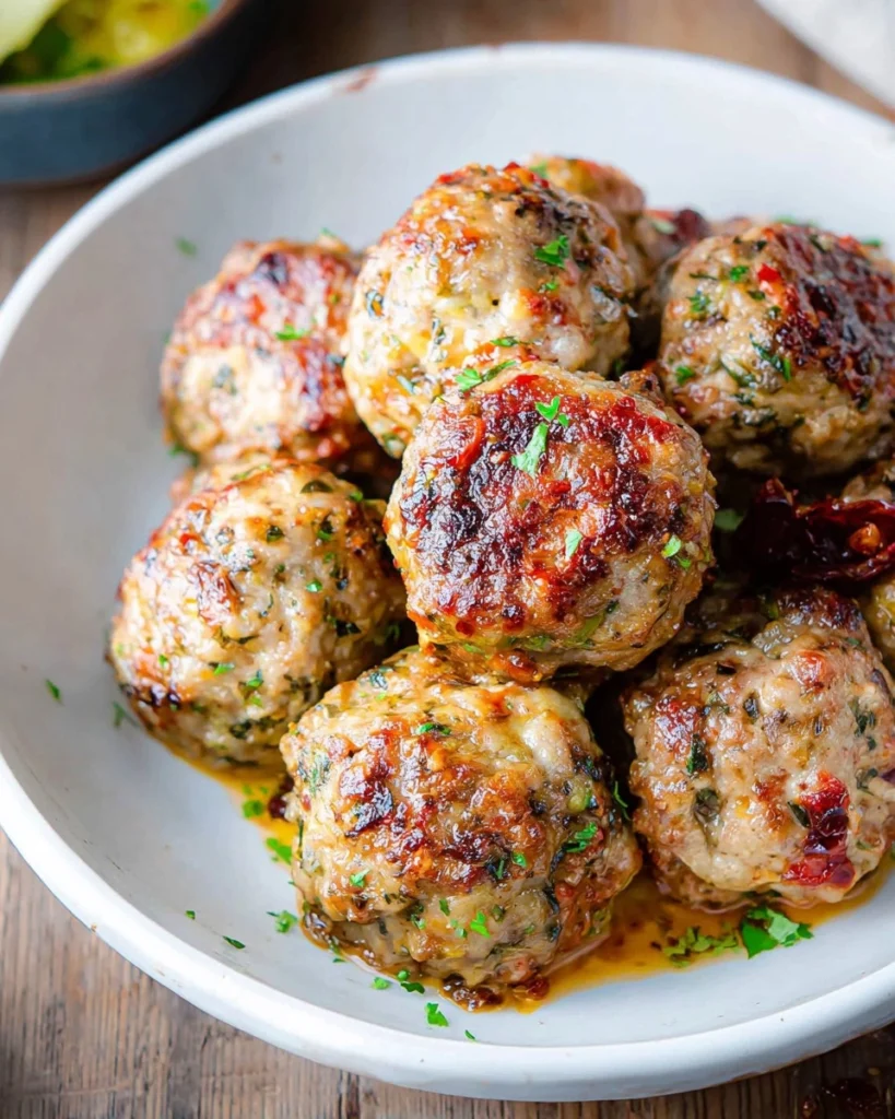 Pesto-Meatballs-in-Sundried-Tomato-Sauce-with-Crispy-Prosciutto-Recipe