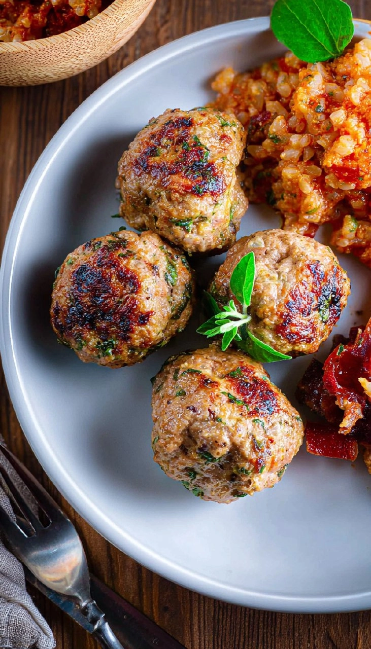Pesto Meatballs in Sundried Tomato Sauce with Crispy Prosciutto